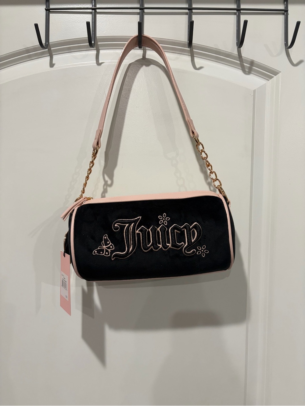 Juicy Couture Black Velvet Barrel Shoulder Bag with Pink Trim
